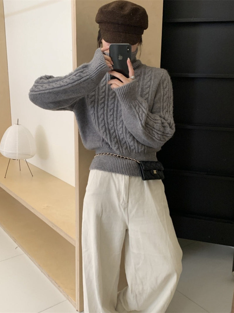 Women Knitted Pullover Autumn and Winter Turtleneck Cable-Knit Pullover Sweater Knitwear