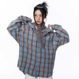 Unisex Jacket Autumn Loose Hooded Plaid Shirt