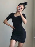 Women Dresses Summer Short Sleeve Dress Sexy Hip Skirt round Neck Skirt