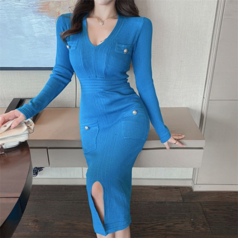 Women Maxi Dress Autumn and Winter V-neck Long Sleeve Narrow Long Slit Dress