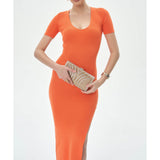 Women Dresses Summer New U Collar Half Sleeve Slit Knitted Dress (Xds0414)
