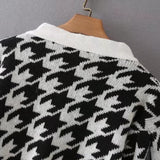 Women Sweater Knitwear Autumn Retro Houndstooth Brocade Sweater Coat V-neck Waist Trimming Short Knitted Cardigan