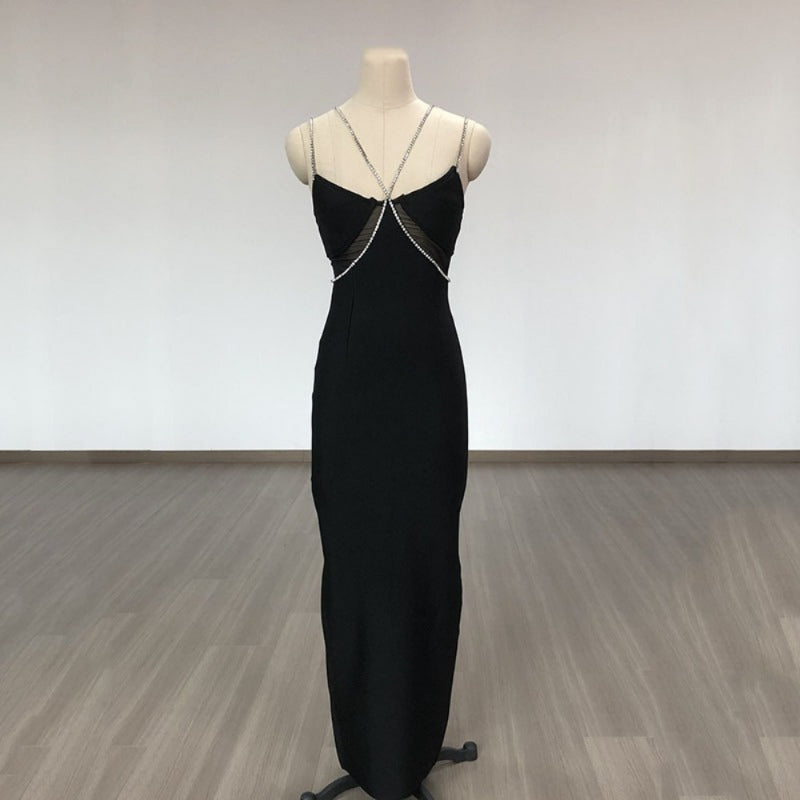 Women Evening Dress Crystal Drill Chain Straps Tulle Backless Evening Gown