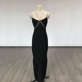 Women Evening Dress Crystal Drill Chain Straps Tulle Backless Evening Gown