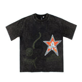 Hip-hop t-shirts: american high street dragon & tiger pentagram print, washed, distressed, vintage, oversized short sleeve tee