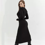 Women Dress Black Knitted Dress round Neck Long Sleeve Bottoming Skirt