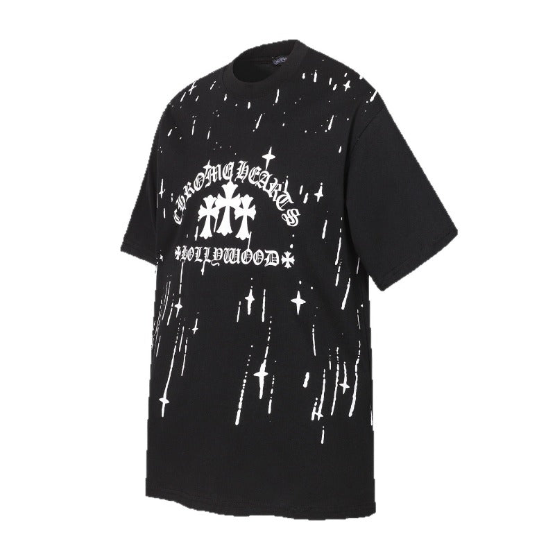 Ch hip-hop t-shirts - ch short sleeve tee with cross & sanskrit letter print, relaxed fit, 100% cotton, american style