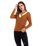 Women Knitted Sweater Casual Top Autumn Crew Neck Long Sleeve Color Matching Sweater