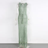 Women Knit Beach Cover Summer Hollow out Tied Tassel Beach Maxi Dress