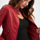 Red Leather Jacket Spring and Autumn Coat Women's Motorcycle Clothing Stand Collar Leather Jacket