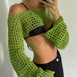 Women Knit Top Color Matching Openwork Knitted Top Women's Short T-shirt Sun Protection Sweater