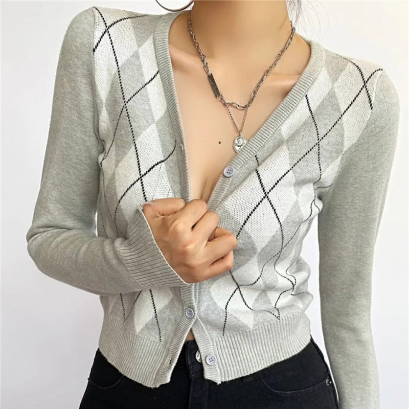 Women Sweater Knitwear Vintage Diamond Plaid Stitching V-neck Knitted Cardigan