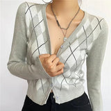 Women Sweater Knitwear Vintage Diamond Plaid Stitching V-neck Knitted Cardigan