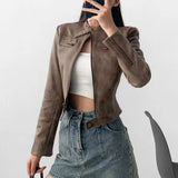 Women Leather Jacket Retro Short Slim-Fitting Biker Jacket Autumn Leather Coat Suede Jacket