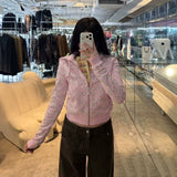 Ashley all-over printed bear hot girl exposed waist cardigan sweatshirt women's american sweet elastic fall and winter zipper hooded outwear