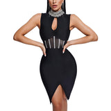 Women Evening Dress High Neck Sexy Hollow Mesh Bandage One-Piece Dress