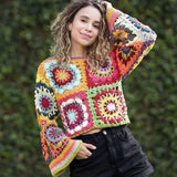 Women Sweater Knitwear Handmade Bell Sleeve Pullover Short Knitwear Artistic