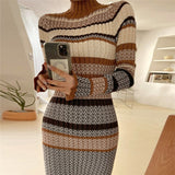 Women Maxi Dress Autumn Winter Retro Striped Knitted Dress