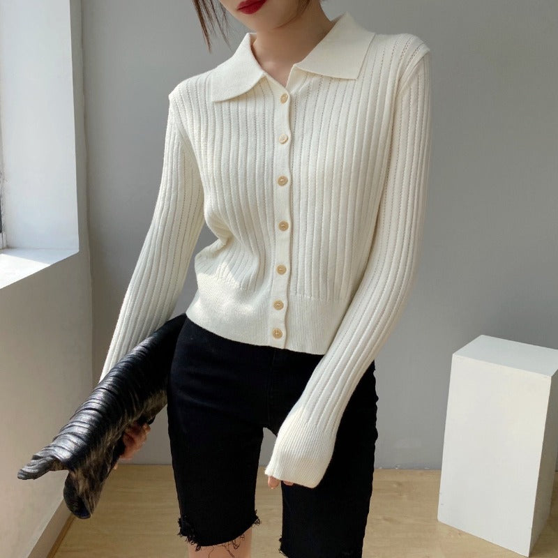 Women Knitwear Autumn Polo Collar Sweater Vintage Slim-Fit Knitted Cardigan