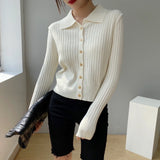 Women Knitwear Autumn Polo Collar Sweater Vintage Slim-Fit Knitted Cardigan