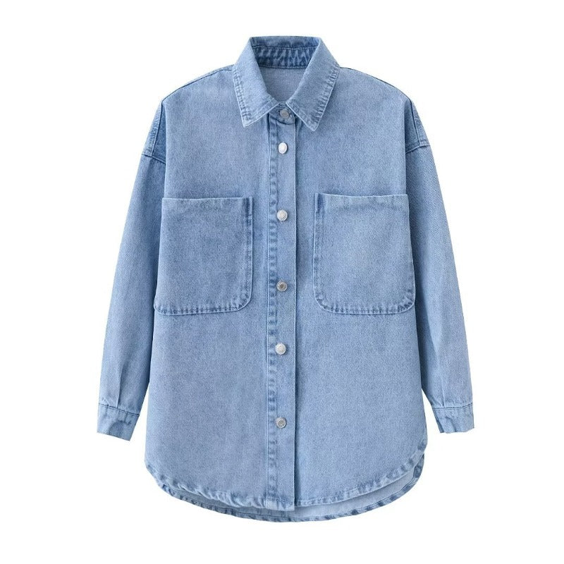 Women Jacket Lapel Denim Shirt Casual Shirt Cardigan Jacket
