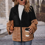 Women Trench Coat Lapel Long Sleeve Loose Color Matching Zipper Thickening Double-Sided Velvet Casual Jacket