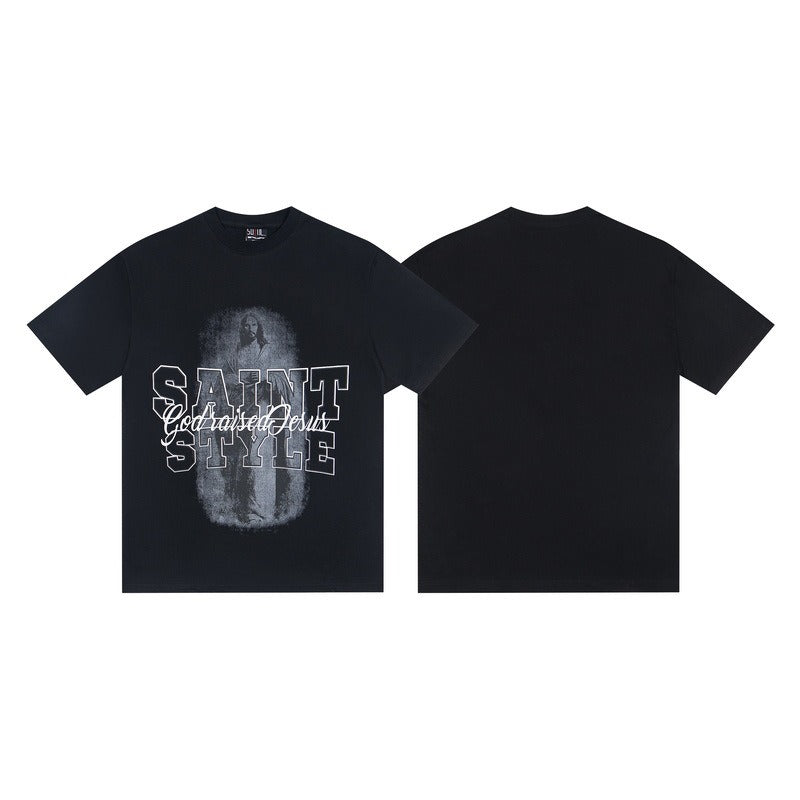 saint m t shirts s.m character & letter graphic crew neck short sleeve tee