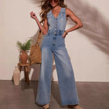 Women's pants: cross-border amazon us summer casual v-neck sleeveless denim jumpsuit overalls for women