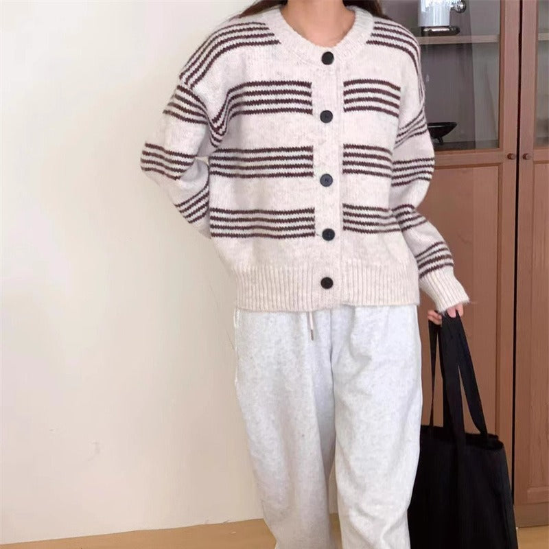 Women Knitted Cardigan Striped Knitted Cardigan Coat Autumn and Winter Loose round Neck Sweater