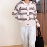 Women Knitted Cardigan Striped Knitted Cardigan Coat Autumn and Winter Loose round Neck Sweater