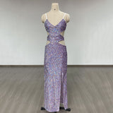 Women Evening Dress Hollow Backless Sexy Suspenders Grid Sequins Split Dress
