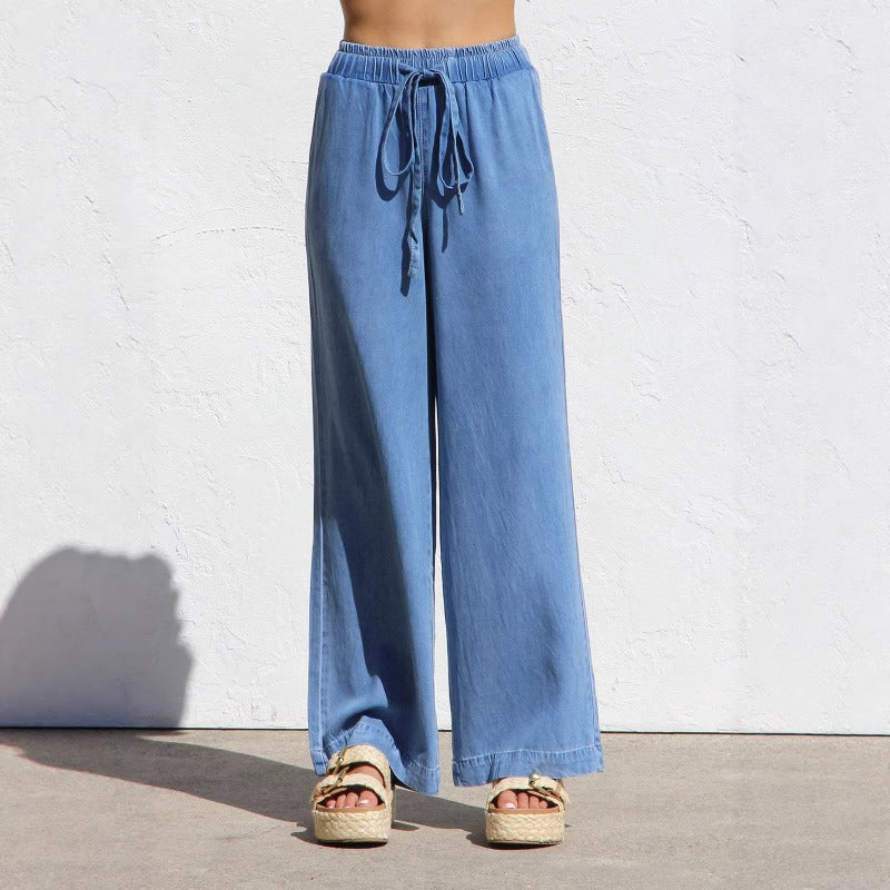 Women's tencel denim pants - spring/summer lightweight, european & american high-waisted, slimming, straight-leg, wide-leg, ice silk drape, casual pants