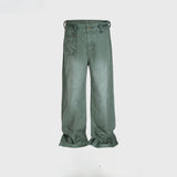 MIJKO Men's Vintage Pants MIJKO Men's Women's High Street Buckle Strap Waist Straight Pants Washed Toolwear Pants