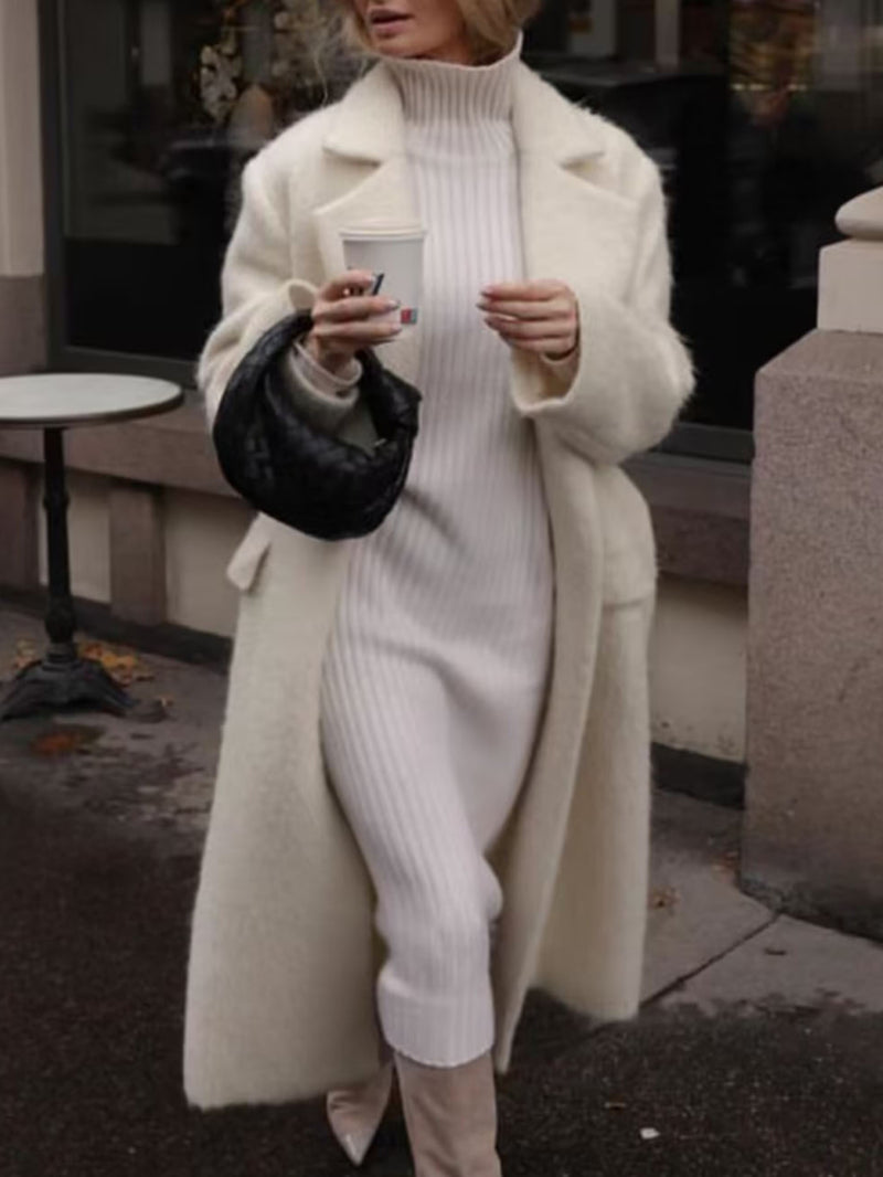 Women Woolen Coat Autumn and Winter Solid Color Suit Collar Mid-Length Double Breasted Woolen Coat