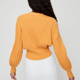 Women Sweater Knitwear V-neck Tight Waist Retro Lantern Sleeve Short Sweater Long-Sleeve Cardigan Sweater Women's Coat