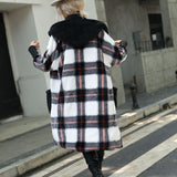 Women Trench Coat Autumn Loose Long Sleeve Striped Plush Hooded Stitching Plaid Gold Mink Velvet Coat