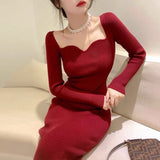 Women Maxi Dress Autumn and Winter V-neck Long Sleeve Mid-Length Knitted Dress