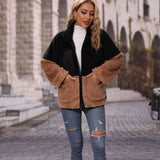 Women Trench Coat Lapel Long Sleeve Loose Color Matching Zipper Thickening Double-Sided Velvet Casual Jacket