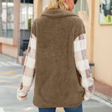 Women Trench Coat Autumn and Winter Leisure Long Sleeve Lapel Color-Contrast Check Single-Breasted Knitted Jacket