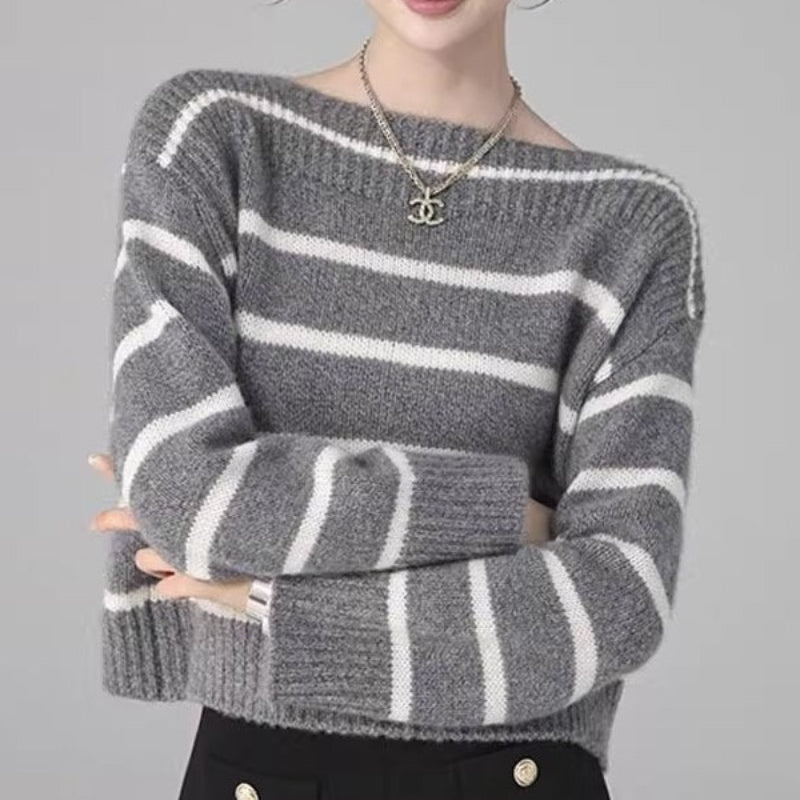 Women Knitted Pullover Autumn and Winter Leisure Loose Striped Knitted Long-Sleeved Top