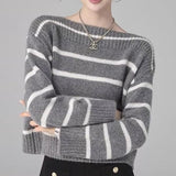 Women Knitted Pullover Autumn and Winter Leisure Loose Striped Knitted Long-Sleeved Top
