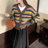 Women Knitwear Autumn and Winter Striped V-neck Sweater Wide Soft Knitted Cardigan