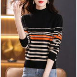 Women Knitted Pullover Autumn and Winter Knitting Slim-Fit Turtleneck Striped Sweater