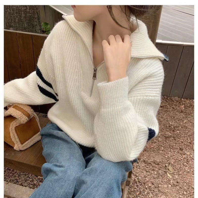 Women Knitwear Fall and Winter Lapels Half Zipper Sweater Loose Sweater