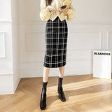 Women Knitted Skirt Autumn Vintage Black and White Plaid Knitted Plaid Sheath Skirt