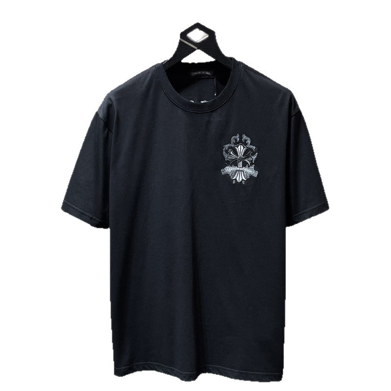 Ch hip-hop t shirts american ch kevin sword cross embroider patchwork leather heavy weight high street short sleeve trendy couple