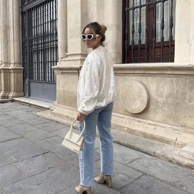 Women Jacket Spring round Neck Sequins Coat Short Casual Jacket