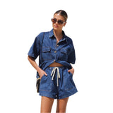 Women's pants: european and american cross-border retro casual loose-fit short-sleeve shirt and shorts denim two-piece set - women's spring/summer collection
