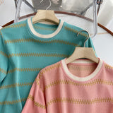 Women Sweater Knitwear Striped Loose Short Sleeve Knitted T-shirt Female Student O-neck Short Top