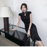 Women Maxi Dress Autumn Vintage Cheongsam Velvet Dress